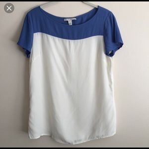 Blue white colorblock silk t shirt top